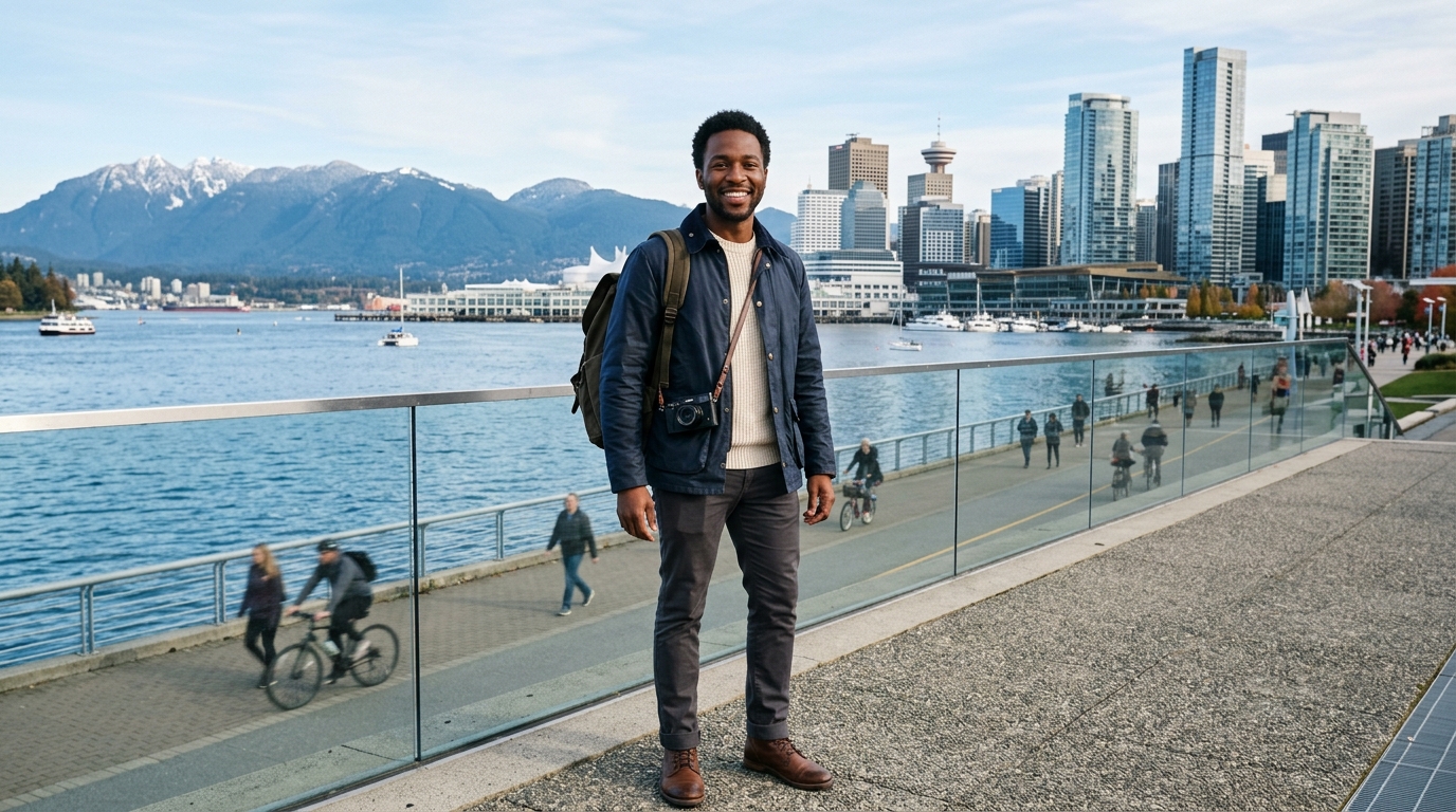 Young Nigerian man enjoying the Vancouver waterfront promenade