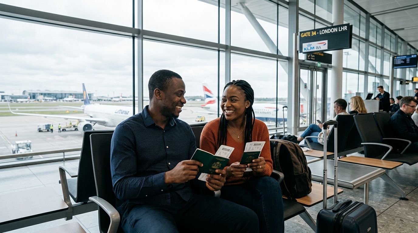 Nigerian couple in airport departure lounge with green passports