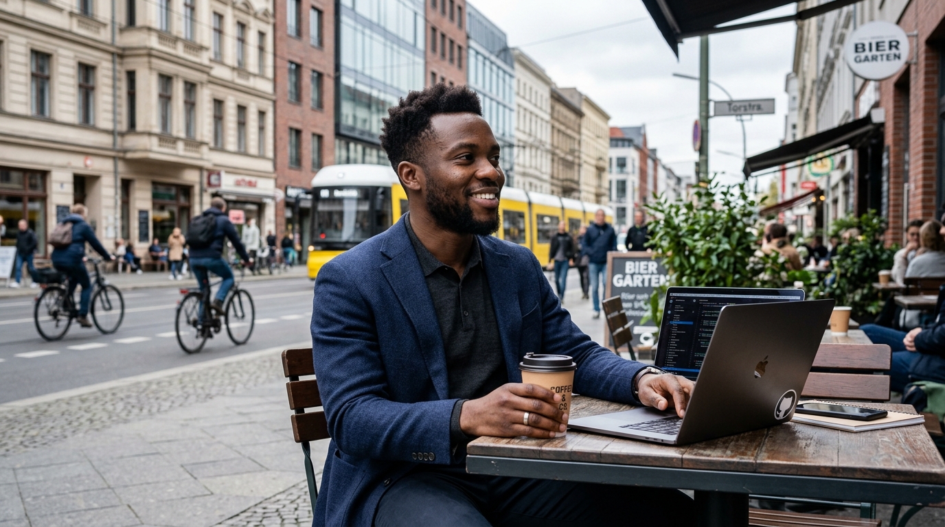 Nigerian tech professional working on laptop at modern Berlin cafe