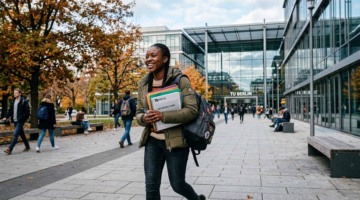 Nigerian student on modern European university campus