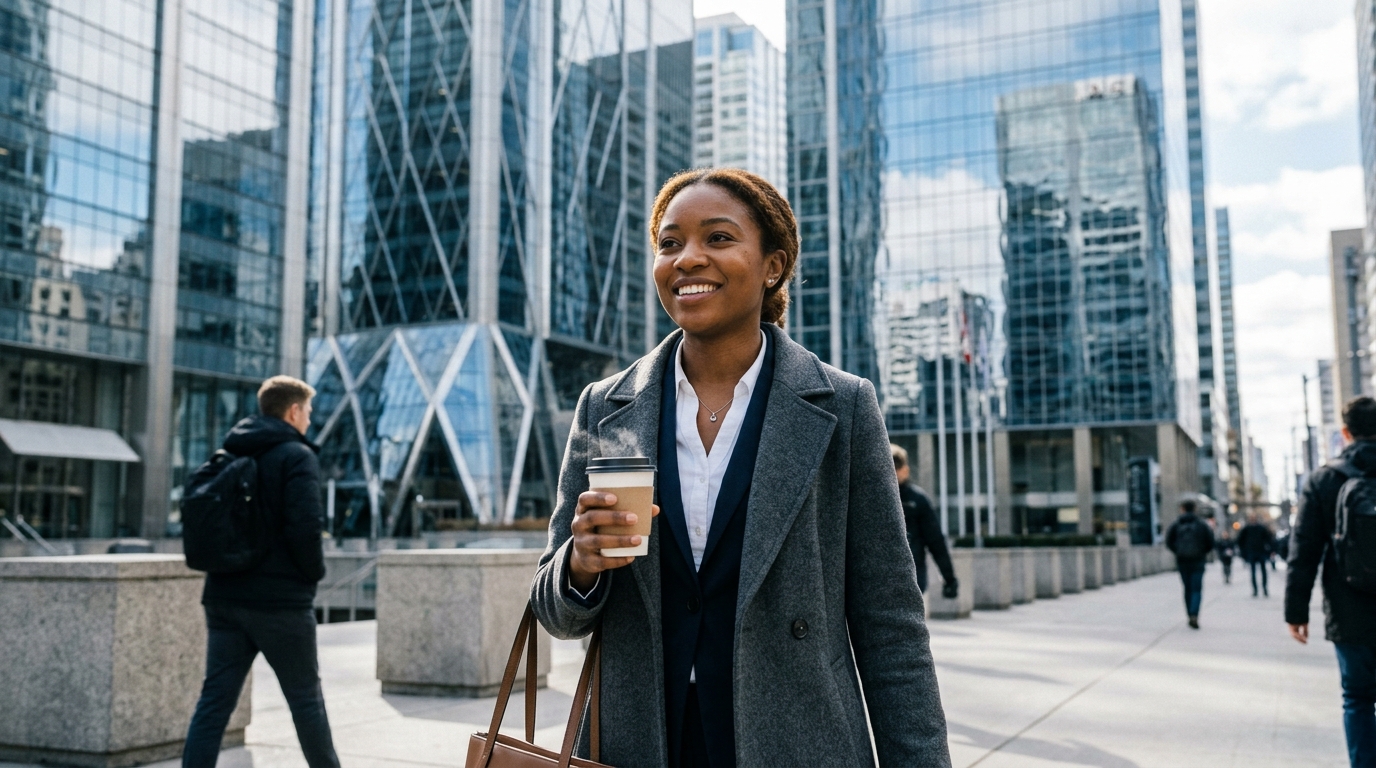 Young Nigerian professional walking through downtown Toronto financial district