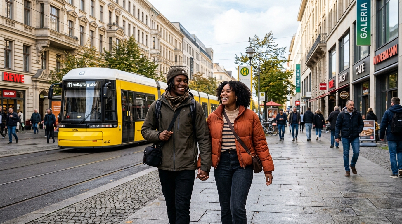 Nigerian couple exploring a modern Berlin boulevard